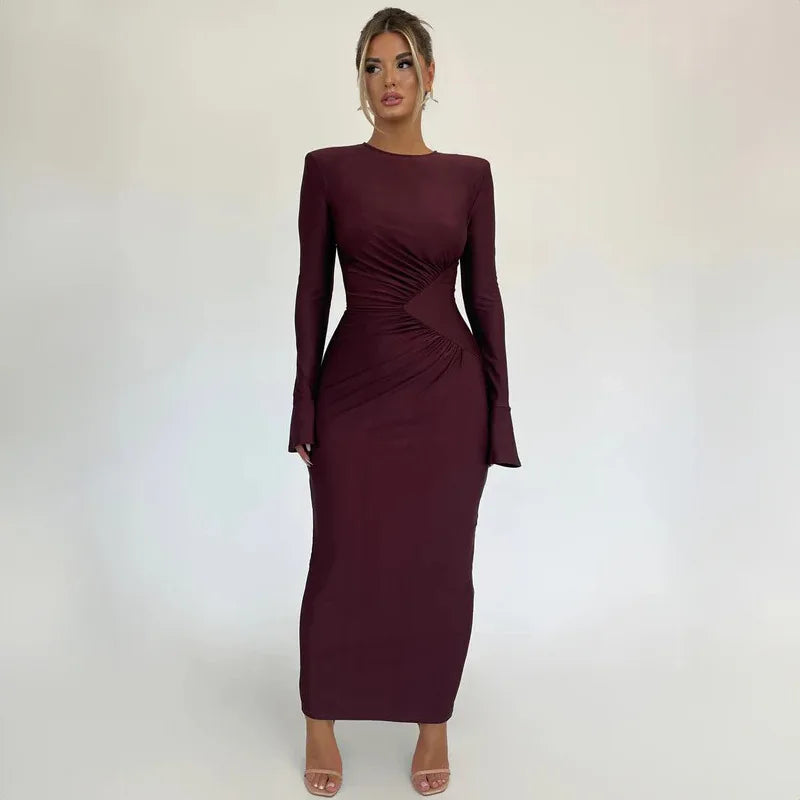 Nsauye Sexy Ruched Maxi Long Flare Sleeve Maxi Bodycon Elegant Dress Women 2023 O Neck Club Evening Party Clothes Birthday Dress