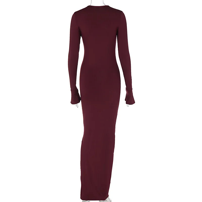 Nsauye Sexy Ruched Maxi Long Flare Sleeve Maxi Bodycon Elegant Dress Women 2023 O Neck Club Evening Party Clothes Birthday Dress