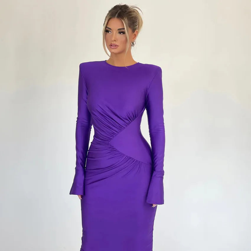 Nsauye Sexy Ruched Maxi Long Flare Sleeve Maxi Bodycon Elegant Dress Women 2023 O Neck Club Evening Party Clothes Birthday Dress