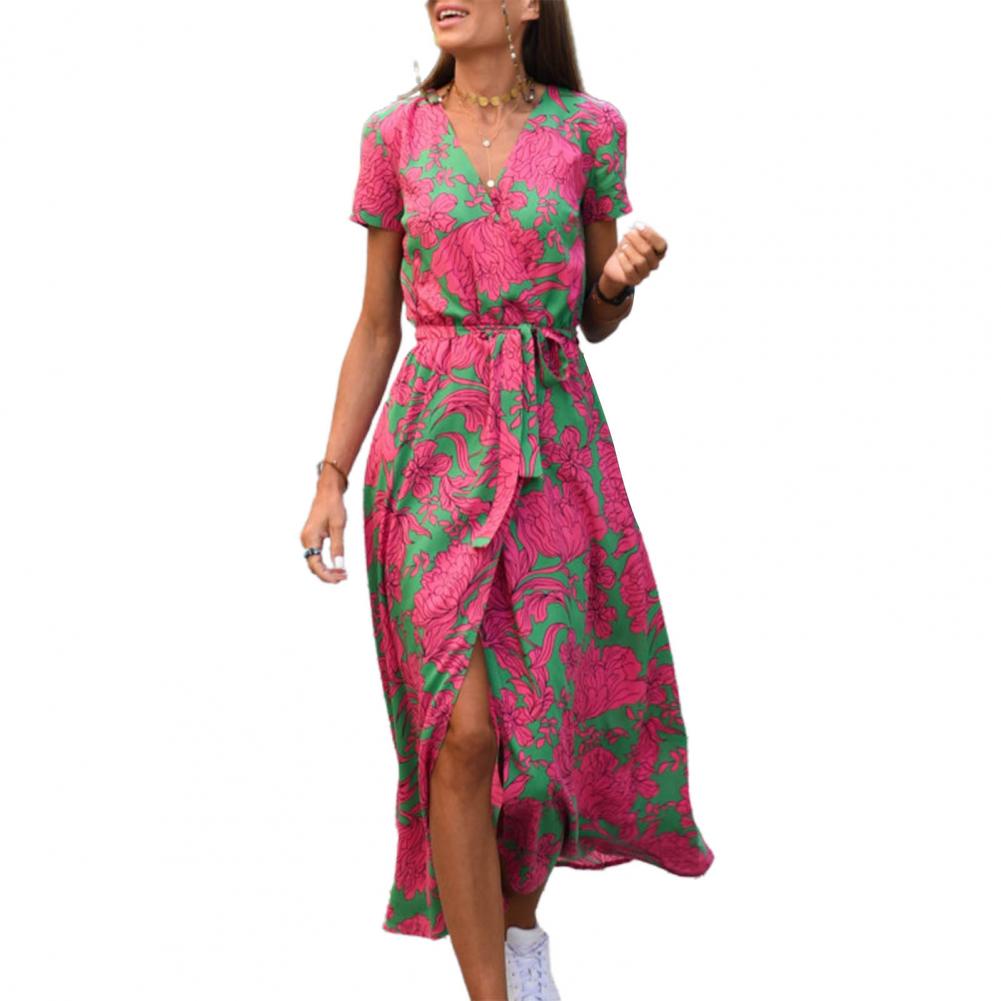 Summer Floral Print Long Dresses Women Sexy V Neck Split Lace-up Dress Female Casual Elegant Short Sleeve Beach Dress Vestidos