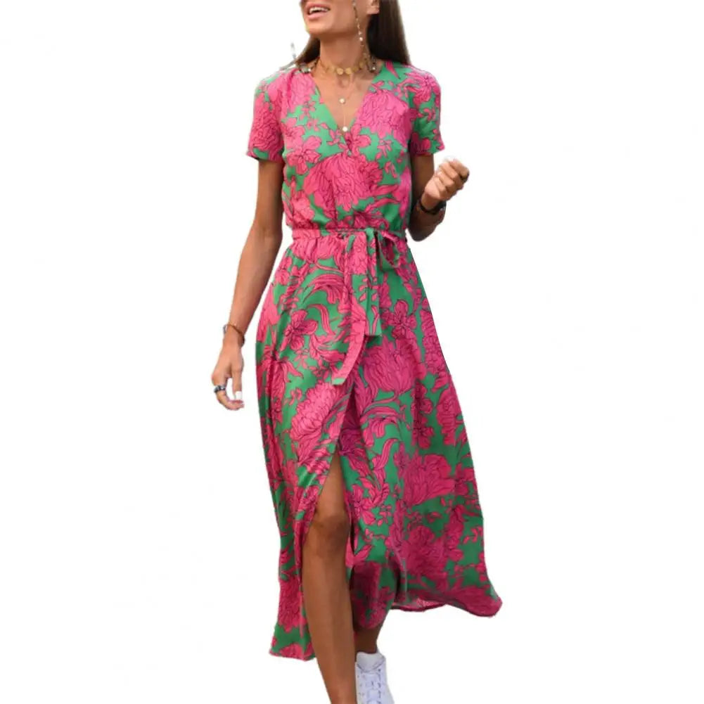Summer Floral Print Long Dresses Women Sexy V Neck Split Lace-up Dress Female Casual Elegant Short Sleeve Beach Dress Vestidos