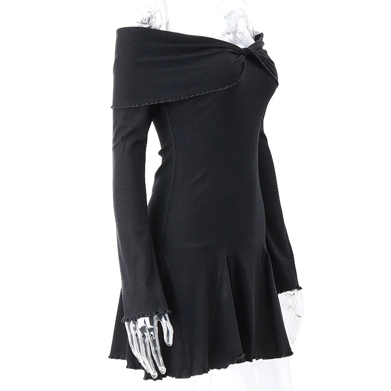 Xeemilo Sexy Low-cut Off Shoulder Dress Elegant Flare Long Sleeve Twist Knot Mini Dresses Y2K Aesthetic Agaric Edge Knit Vestido