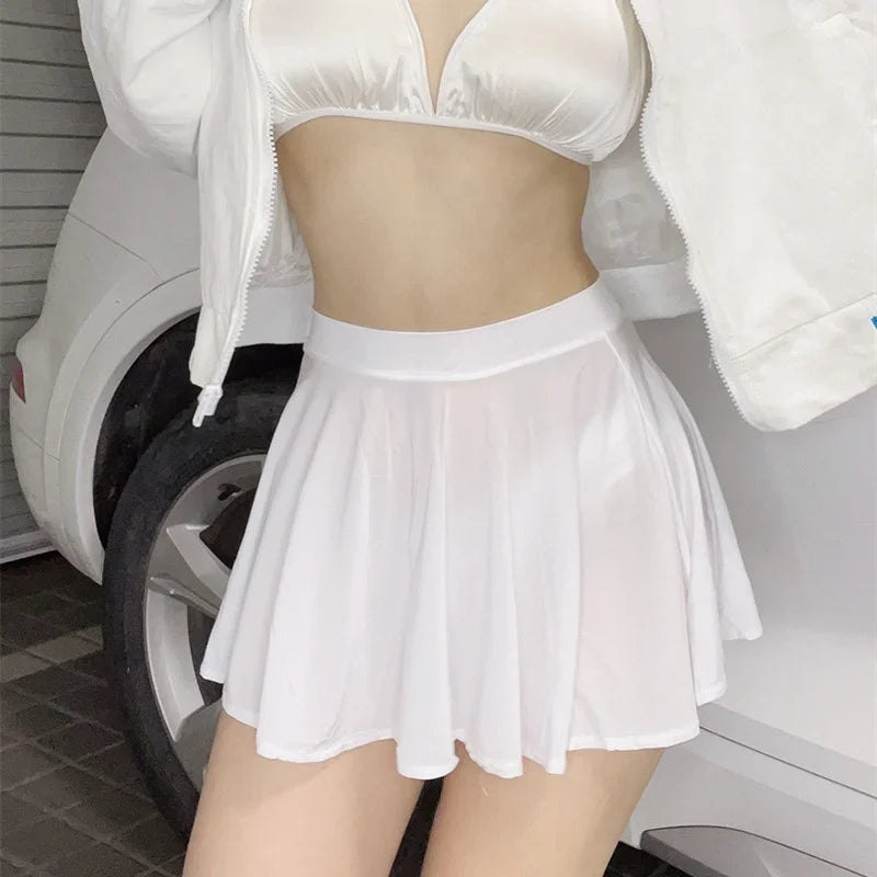NEWFUNJOIN Sexy Japan Korean Girl Styles A-Line Pleated Mini Short Black Long White Skirts for Women Summer Fashion Clothing