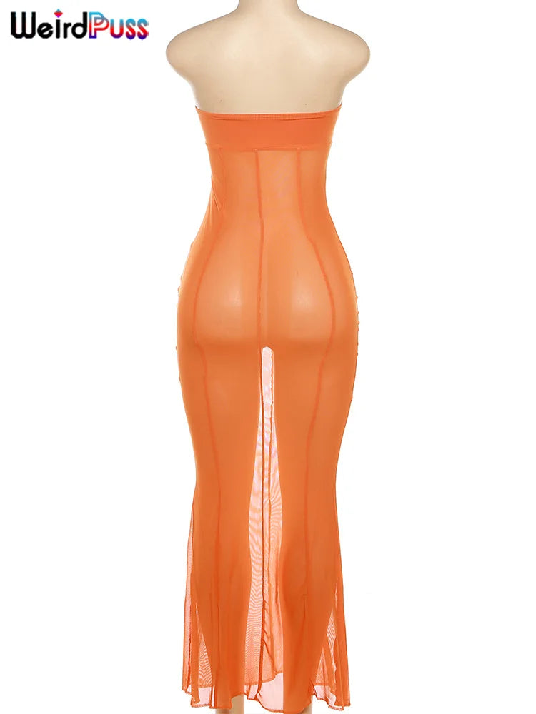 Weird Puss Mesh Patchwork Women Dress See Through Hollow Strapless Elastic Slim Fit Sexy Coquette Vacation Seaside Party Bodycon