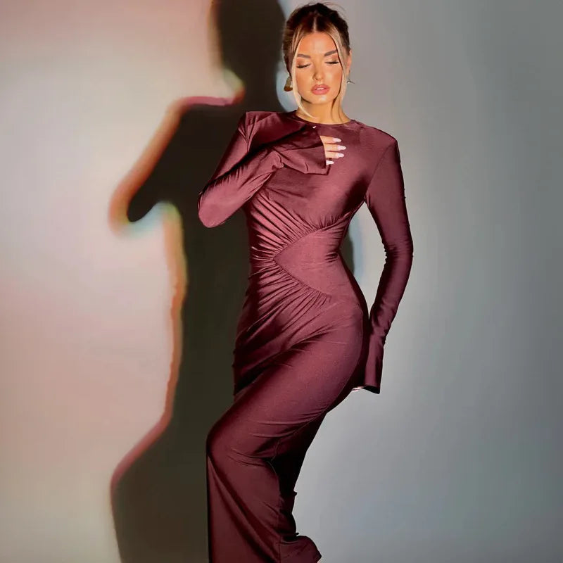 Nsauye Sexy Ruched Maxi Long Flare Sleeve Maxi Bodycon Elegant Dress Women 2023 O Neck Club Evening Party Clothes Birthday Dress