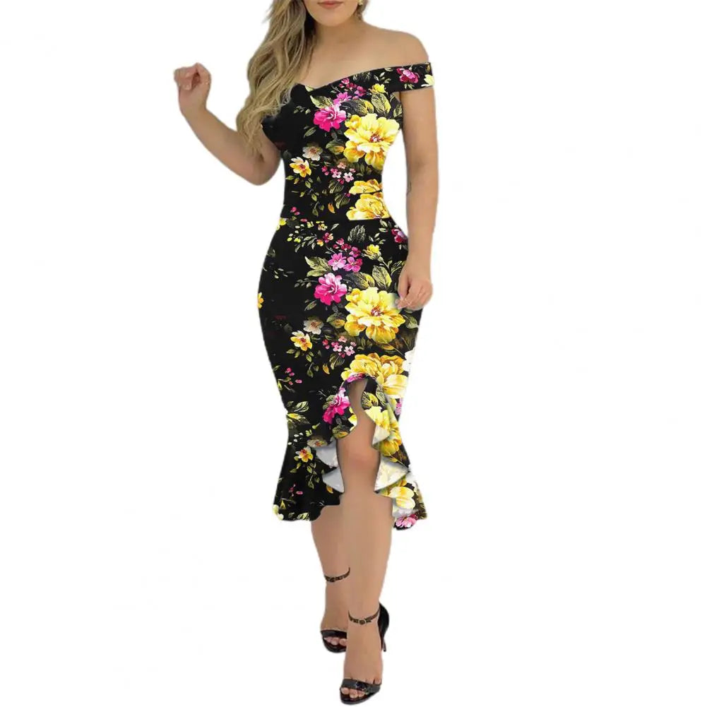 Vestido Formal Midi Dress Set Off Shoulder Irregular Sleeveless Ruffled Hem Printed Bodycon Dresses for Women 2022 Wedding