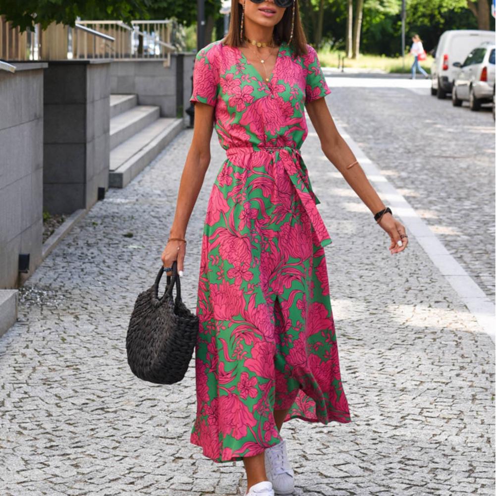 Summer Floral Print Long Dresses Women Sexy V Neck Split Lace-up Dress Female Casual Elegant Short Sleeve Beach Dress Vestidos