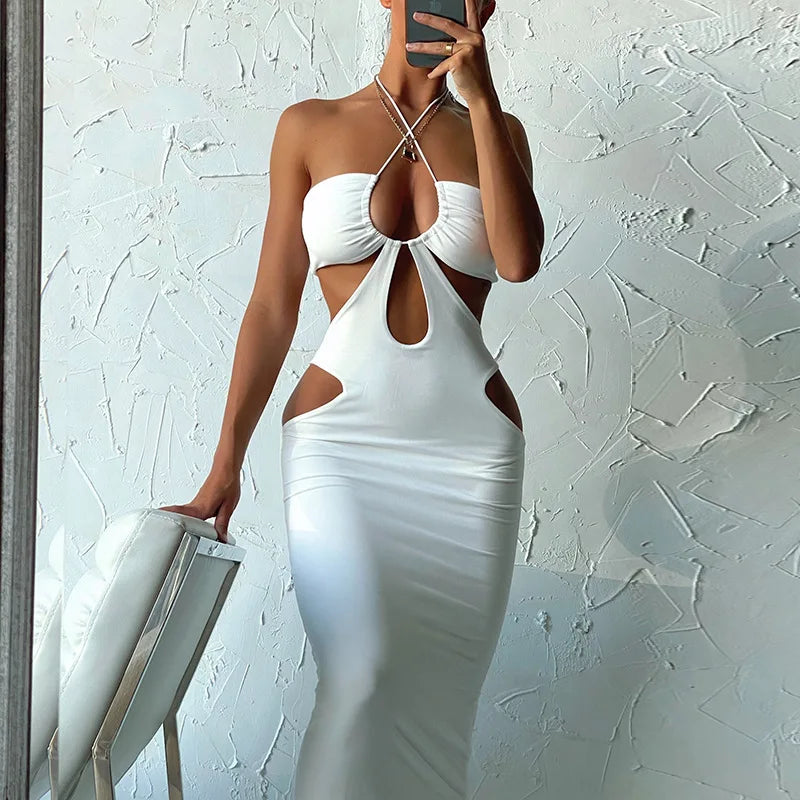 Sexy Sleeveless Halter Ruched Bodycon Dress Women Bandage Long Dresses Skinny Stretchy Party Vestidos ropa de mujer