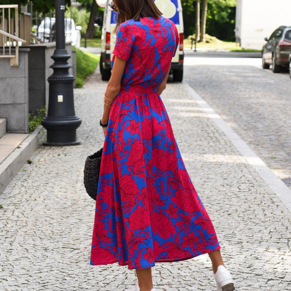 Summer Floral Print Long Dresses Women Sexy V Neck Split Lace-up Dress Female Casual Elegant Short Sleeve Beach Dress Vestidos
