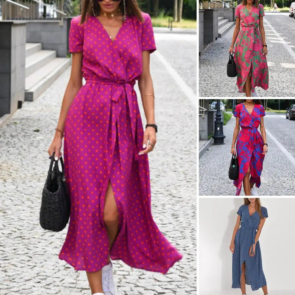 Summer Floral Print Long Dresses Women Sexy V Neck Split Lace-up Dress Female Casual Elegant Short Sleeve Beach Dress Vestidos