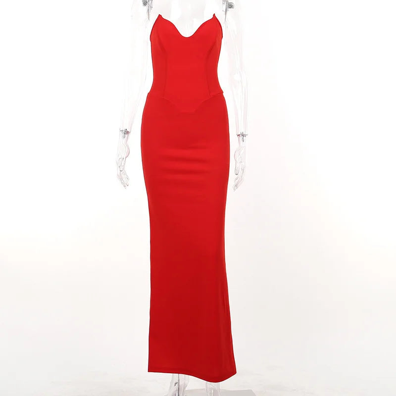 Mozision Strapless Off-shoulder Sexy Maxi Dress For Women Gown Fashion Elegant With Fishbone Bodycon Night Club Party Dress