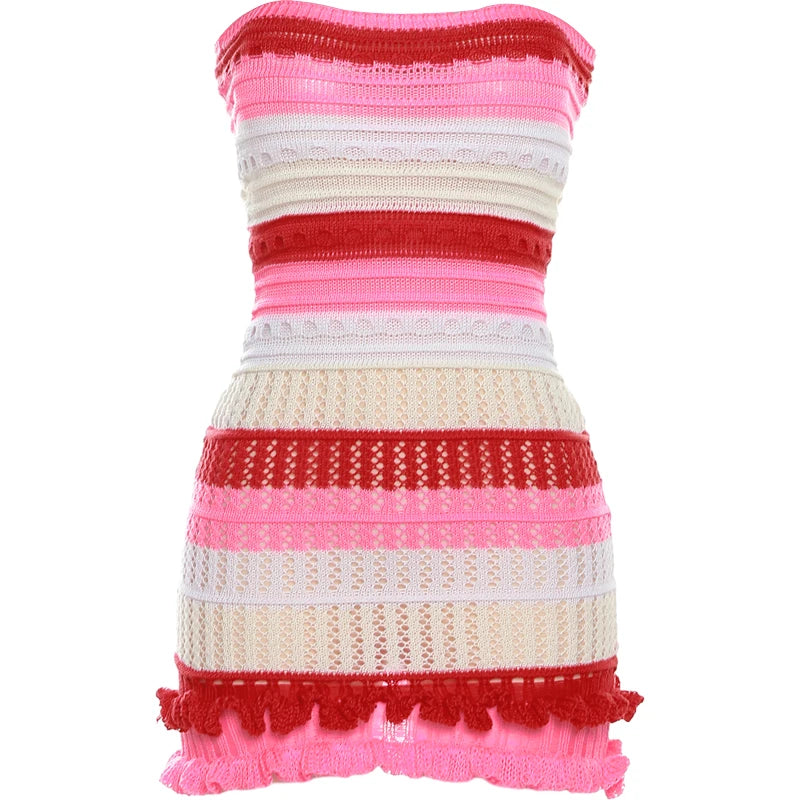 Weird Puss Knit Women Tube Dress Elegant Summer Patchwork Striped Ruffles Hem Skinny Stretch Bodycon Street Vacation Clubwear