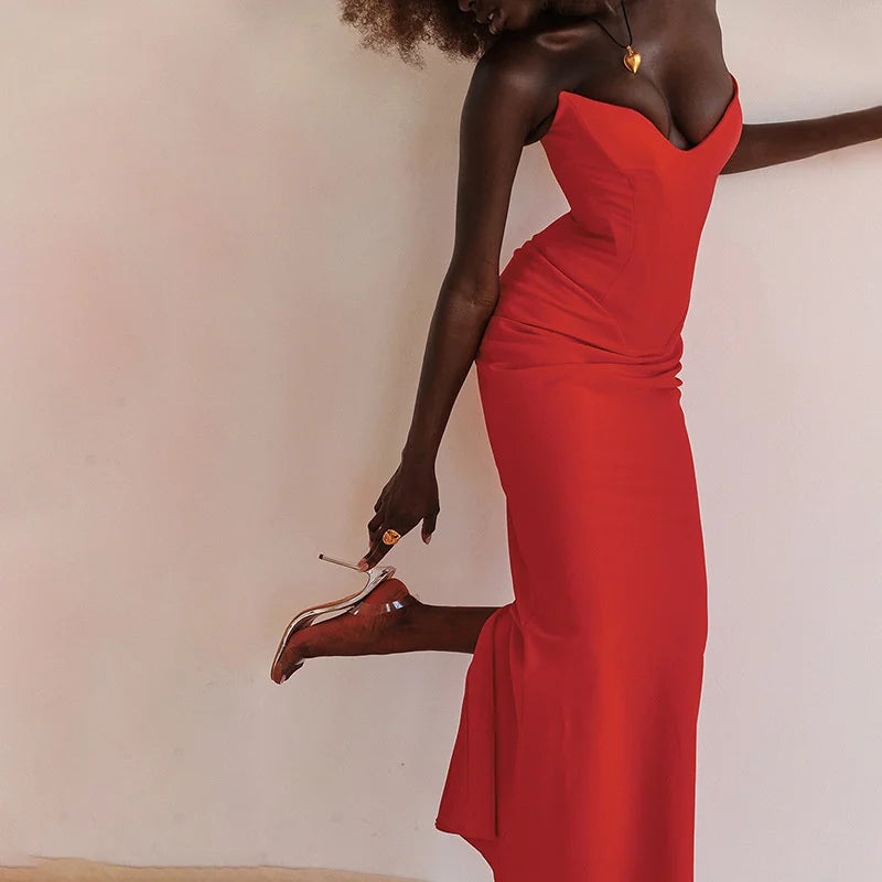 Mozision Strapless Off-shoulder Sexy Maxi Dress For Women Gown Fashion Elegant With Fishbone Bodycon Night Club Party Dress