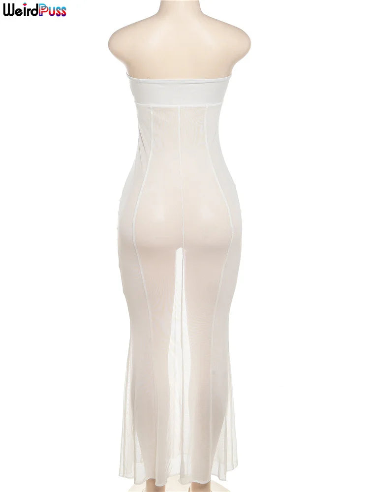 Weird Puss Mesh Patchwork Women Dress See Through Hollow Strapless Elastic Slim Fit Sexy Coquette Vacation Seaside Party Bodycon