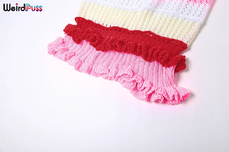 Weird Puss Knit Women Tube Dress Elegant Summer Patchwork Striped Ruffles Hem Skinny Stretch Bodycon Street Vacation Clubwear