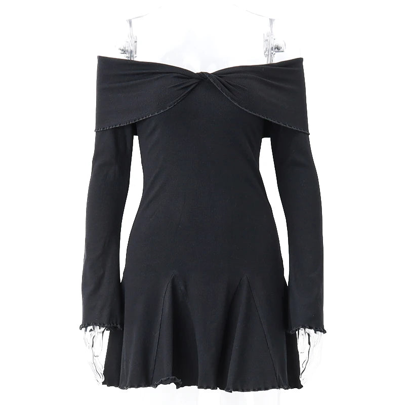 Xeemilo Sexy Low-cut Off Shoulder Dress Elegant Flare Long Sleeve Twist Knot Mini Dresses Y2K Aesthetic Agaric Edge Knit Vestido