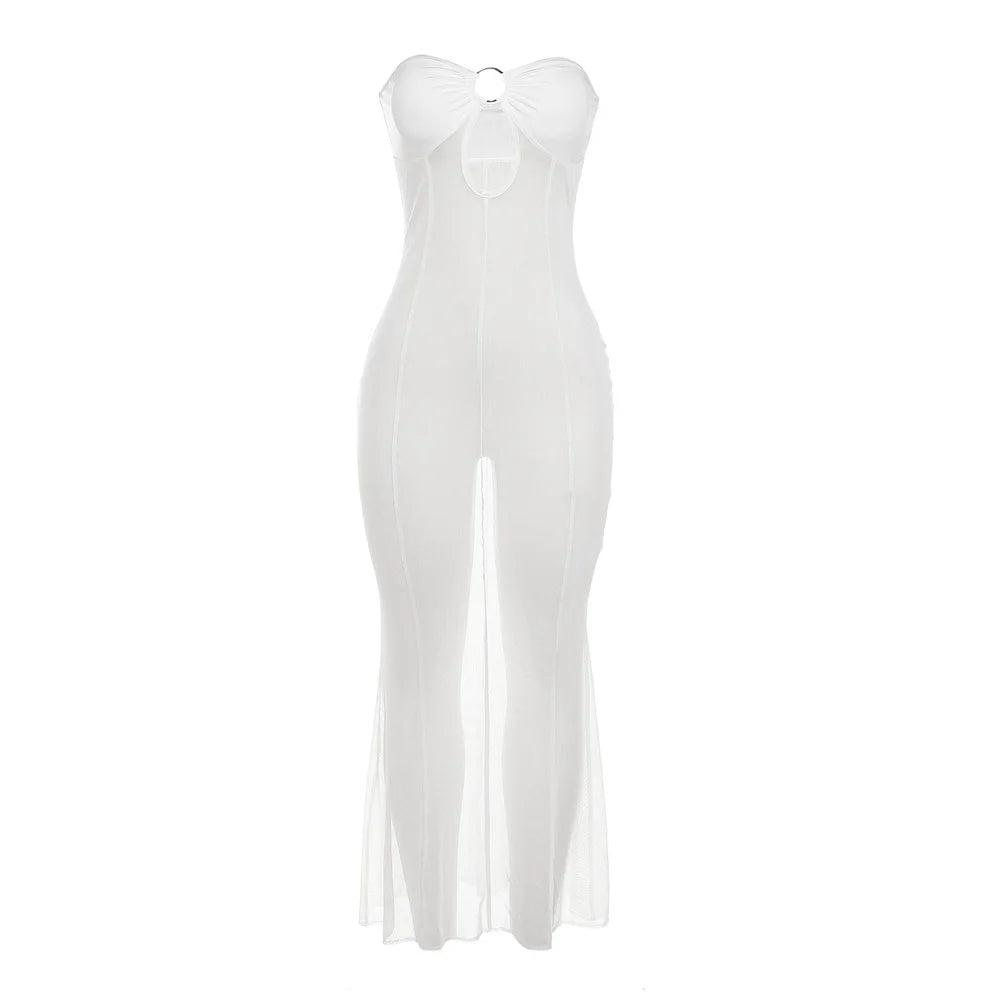 Weird Puss Mesh Patchwork Women Dress See Through Hollow Strapless Elastic Slim Fit Sexy Coquette Vacation Seaside Party Bodycon
