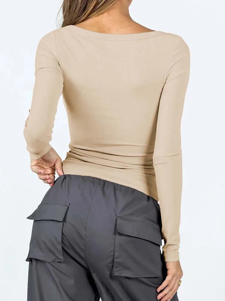 Women Long Sleeve Square Neck T-Shirt Tops Solid Color Street Casual Fall Spring T-Shirt For Women 2024 New