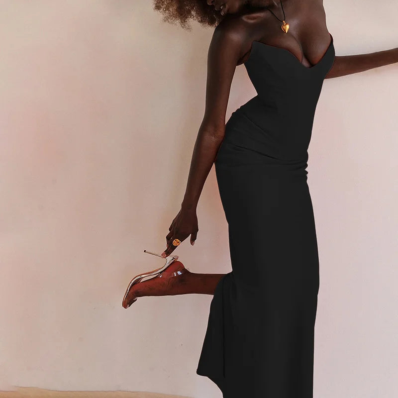Mozision Strapless Off-shoulder Sexy Maxi Dress For Women Gown Fashion Elegant With Fishbone Bodycon Night Club Party Dress