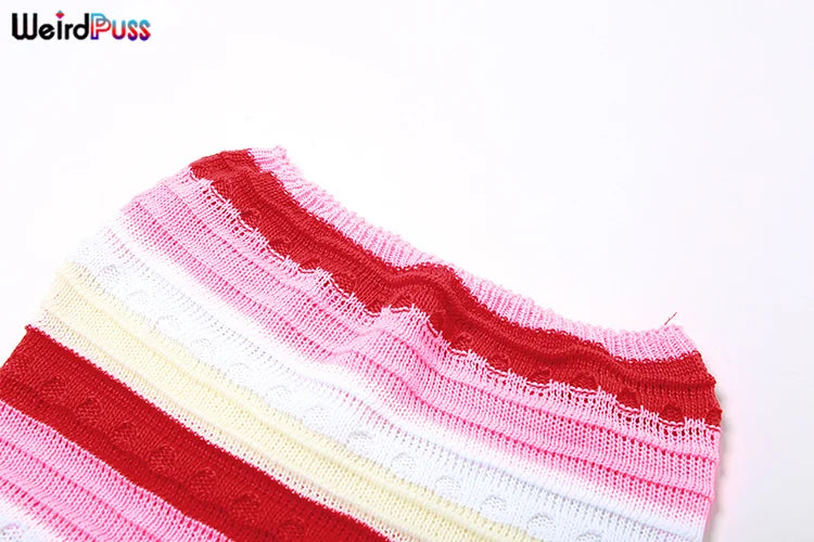 Weird Puss Knit Women Tube Dress Elegant Summer Patchwork Striped Ruffles Hem Skinny Stretch Bodycon Street Vacation Clubwear