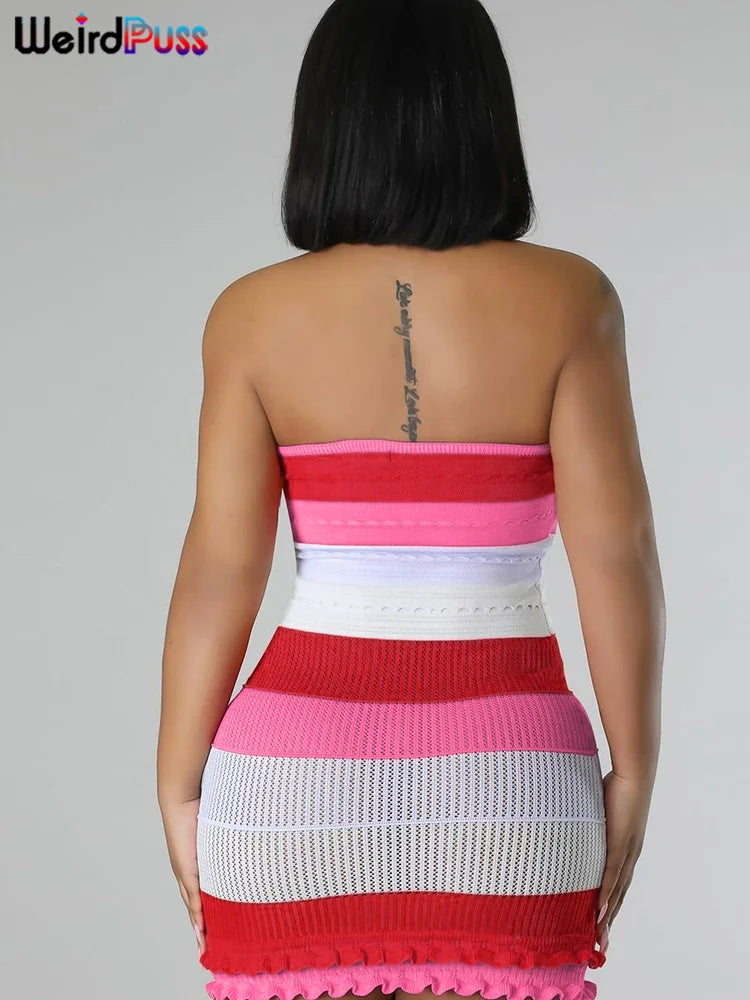 Weird Puss Knit Women Tube Dress Elegant Summer Patchwork Striped Ruffles Hem Skinny Stretch Bodycon Street Vacation Clubwear