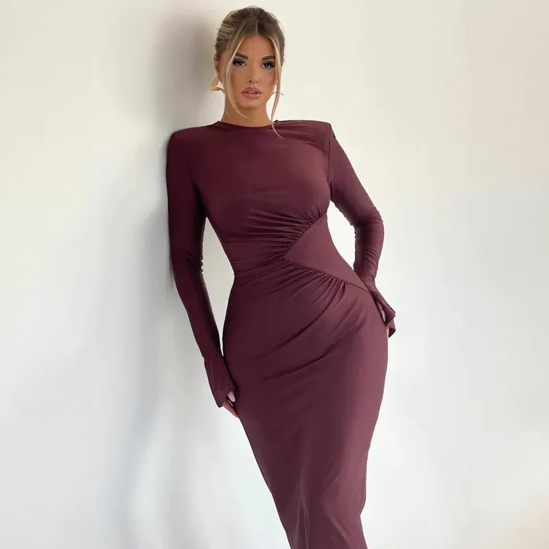 Nsauye Sexy Ruched Maxi Long Flare Sleeve Maxi Bodycon Elegant Dress Women 2023 O Neck Club Evening Party Clothes Birthday Dress
