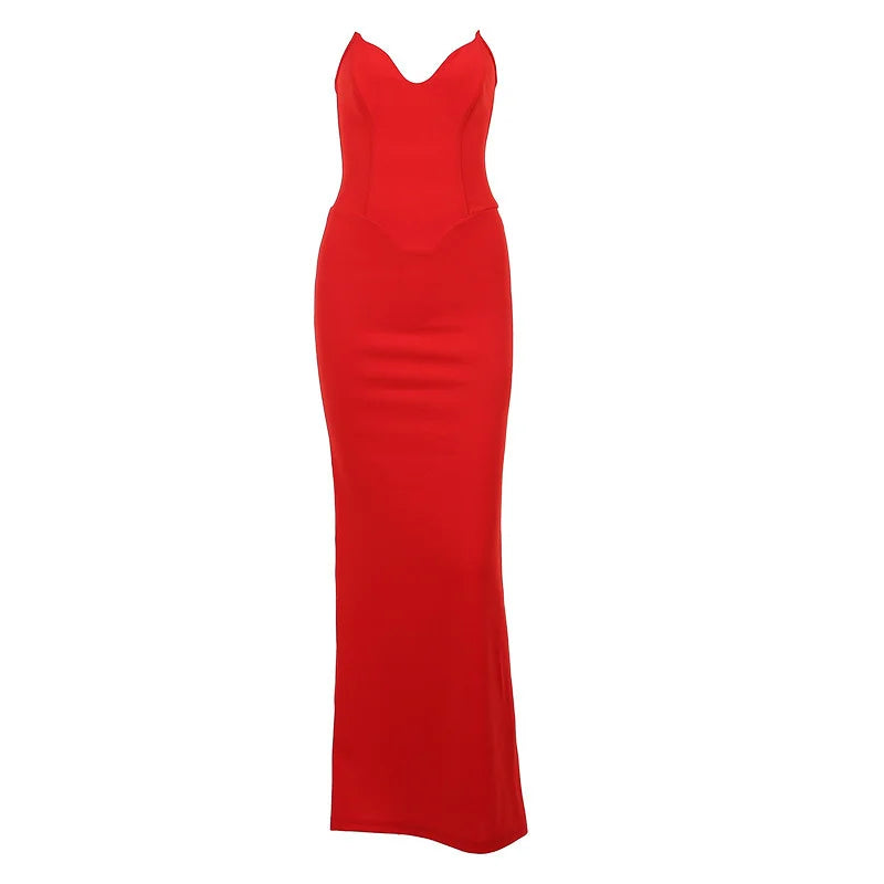 Mozision Strapless Off-shoulder Sexy Maxi Dress For Women Gown Fashion Elegant With Fishbone Bodycon Night Club Party Dress