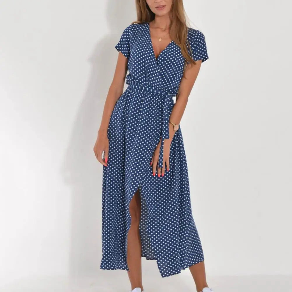 Summer Floral Print Long Dresses Women Sexy V Neck Split Lace-up Dress Female Casual Elegant Short Sleeve Beach Dress Vestidos