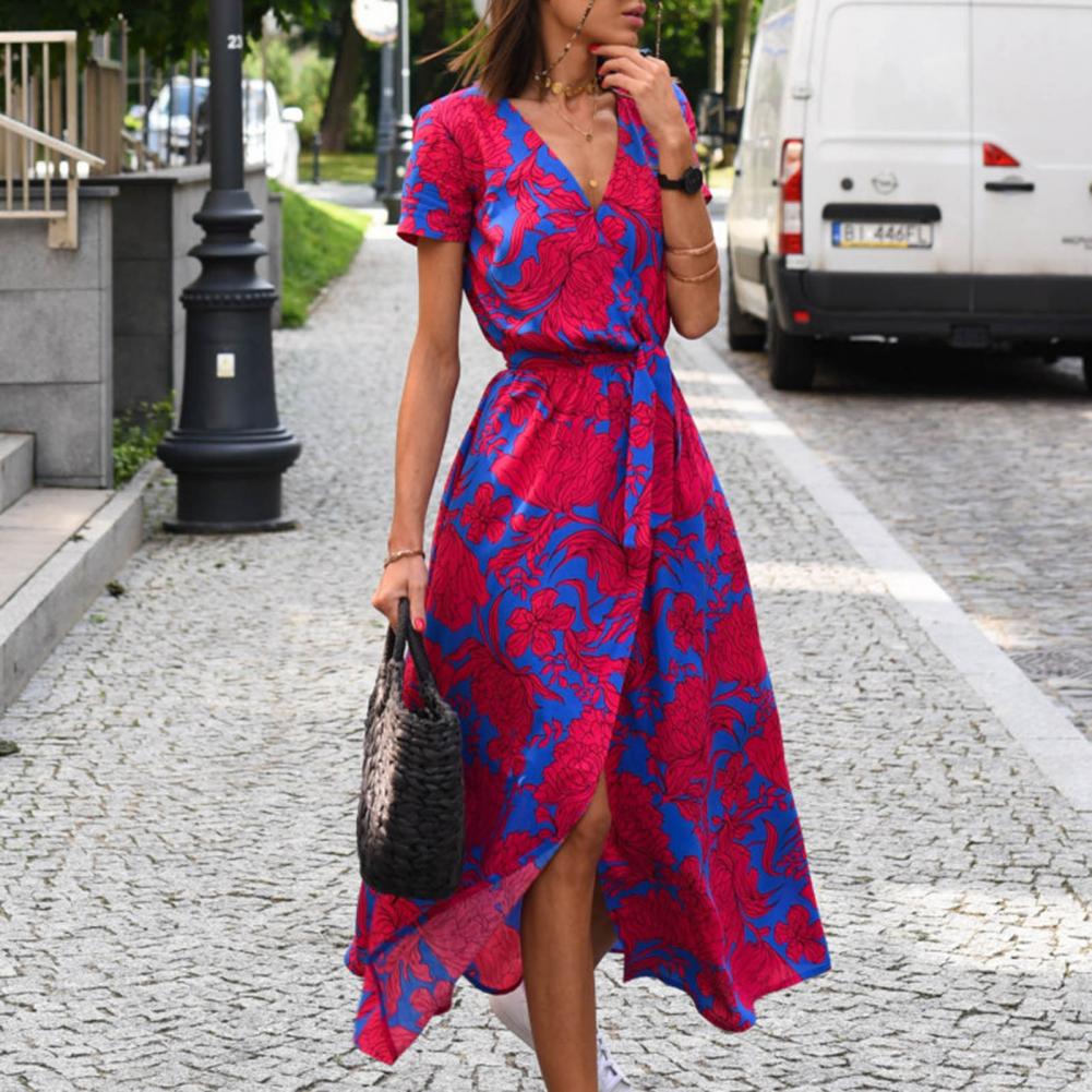 Summer Floral Print Long Dresses Women Sexy V Neck Split Lace-up Dress Female Casual Elegant Short Sleeve Beach Dress Vestidos