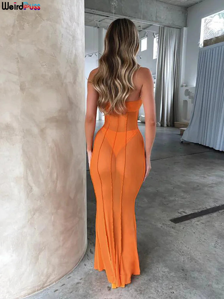 Weird Puss Mesh Patchwork Women Dress See Through Hollow Strapless Elastic Slim Fit Sexy Coquette Vacation Seaside Party Bodycon