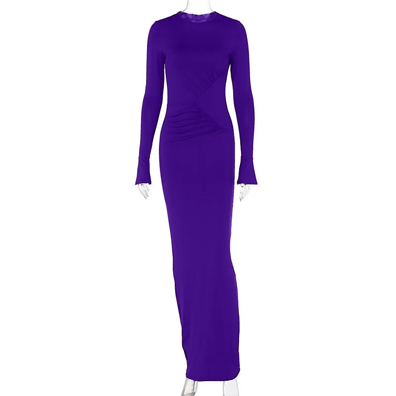 Nsauye Sexy Ruched Maxi Long Flare Sleeve Maxi Bodycon Elegant Dress Women 2023 O Neck Club Evening Party Clothes Birthday Dress