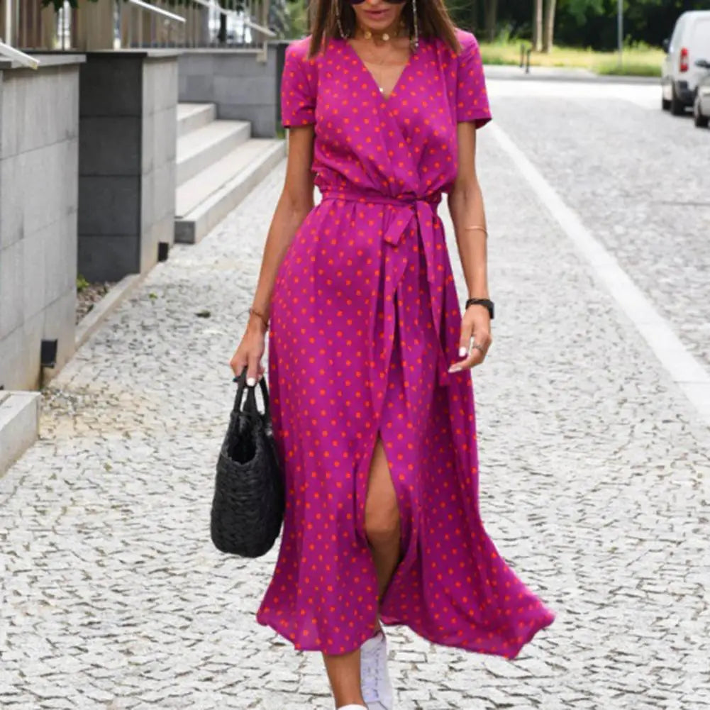Summer Floral Print Long Dresses Women Sexy V Neck Split Lace-up Dress Female Casual Elegant Short Sleeve Beach Dress Vestidos