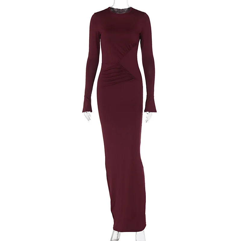 Nsauye Sexy Ruched Maxi Long Flare Sleeve Maxi Bodycon Elegant Dress Women 2023 O Neck Club Evening Party Clothes Birthday Dress