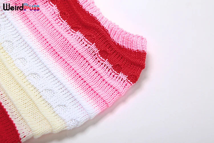 Weird Puss Knit Women Tube Dress Elegant Summer Patchwork Striped Ruffles Hem Skinny Stretch Bodycon Street Vacation Clubwear
