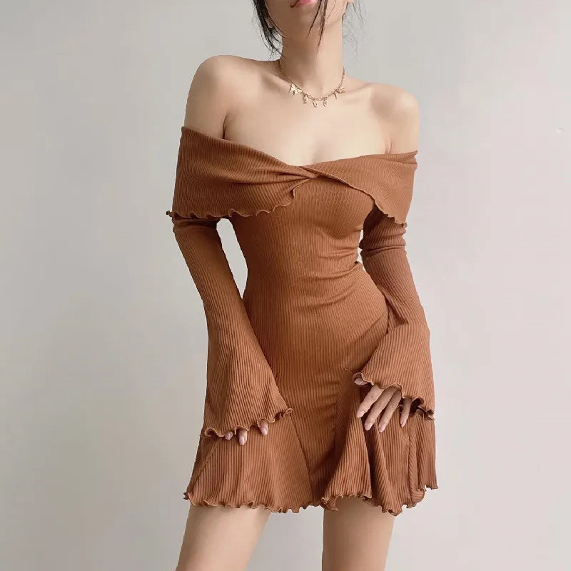 Xeemilo Sexy Low-cut Off Shoulder Dress Elegant Flare Long Sleeve Twist Knot Mini Dresses Y2K Aesthetic Agaric Edge Knit Vestido