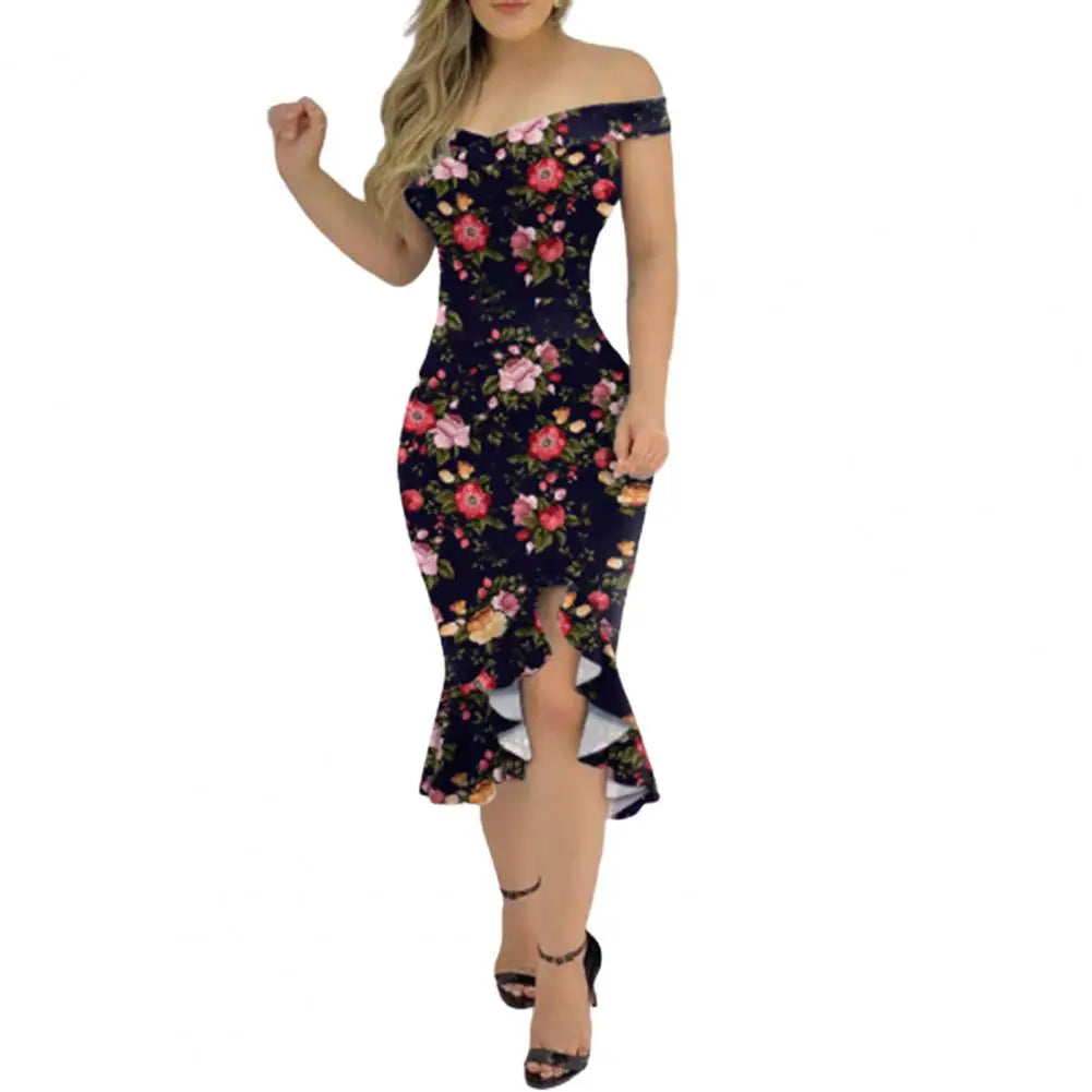 Vestido Formal Midi Dress Set Off Shoulder Irregular Sleeveless Ruffled Hem Printed Bodycon Dresses for Women 2022 Wedding