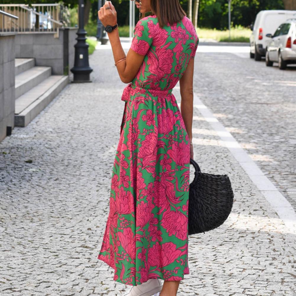 Summer Floral Print Long Dresses Women Sexy V Neck Split Lace-up Dress Female Casual Elegant Short Sleeve Beach Dress Vestidos