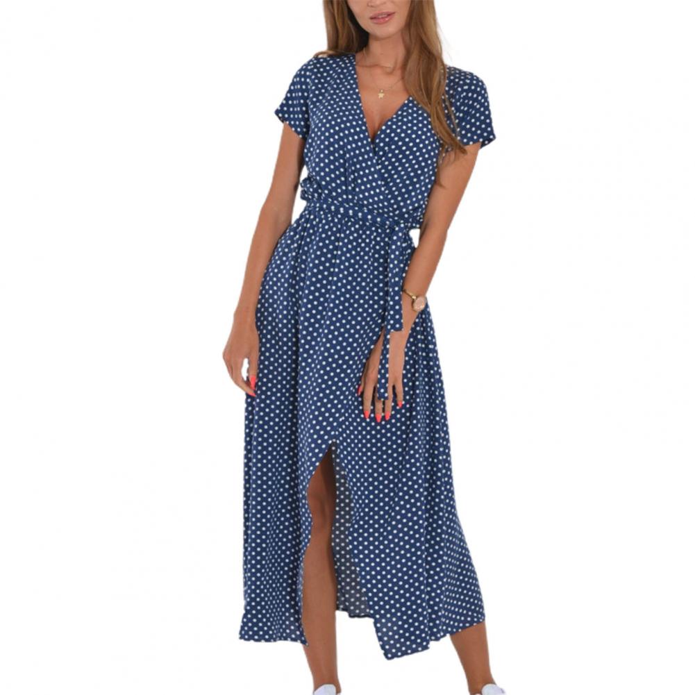 Summer Floral Print Long Dresses Women Sexy V Neck Split Lace-up Dress Female Casual Elegant Short Sleeve Beach Dress Vestidos