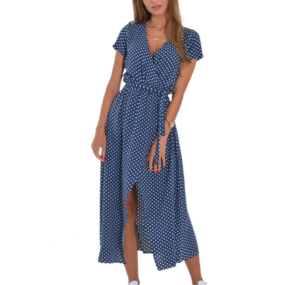 Summer Floral Print Long Dresses Women Sexy V Neck Split Lace-up Dress Female Casual Elegant Short Sleeve Beach Dress Vestidos