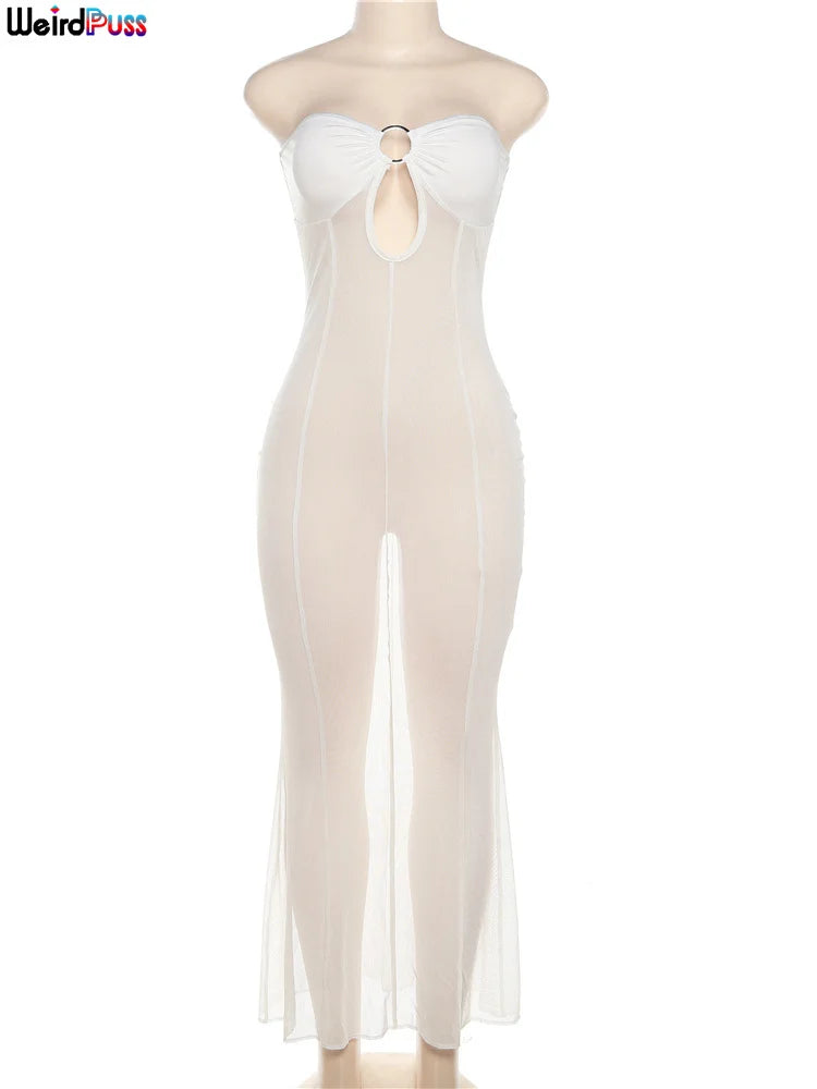 Weird Puss Mesh Patchwork Women Dress See Through Hollow Strapless Elastic Slim Fit Sexy Coquette Vacation Seaside Party Bodycon