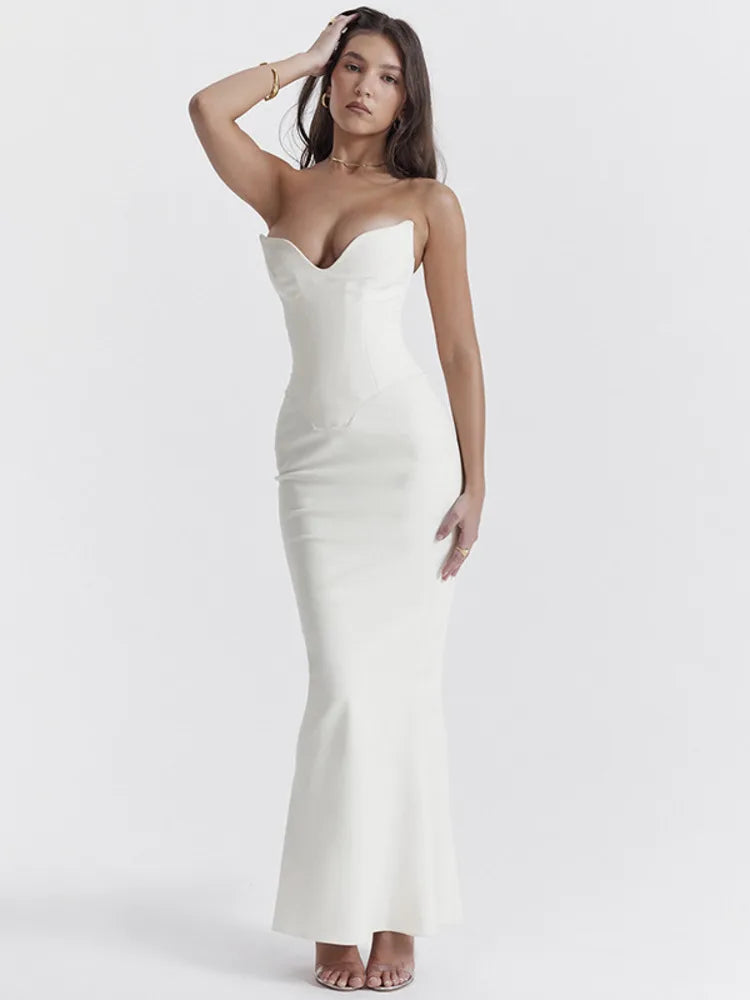 Mozision Strapless Off-shoulder Sexy Maxi Dress For Women Gown Fashion Elegant With Fishbone Bodycon Night Club Party Dress
