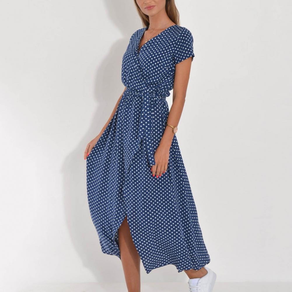 Summer Floral Print Long Dresses Women Sexy V Neck Split Lace-up Dress Female Casual Elegant Short Sleeve Beach Dress Vestidos