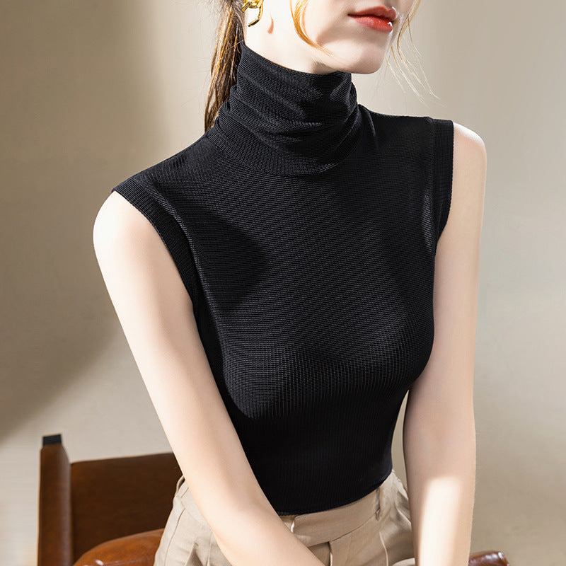 Ladies New Turtleneck Grenadine Solid Color Waist Tight Sleeveless Top