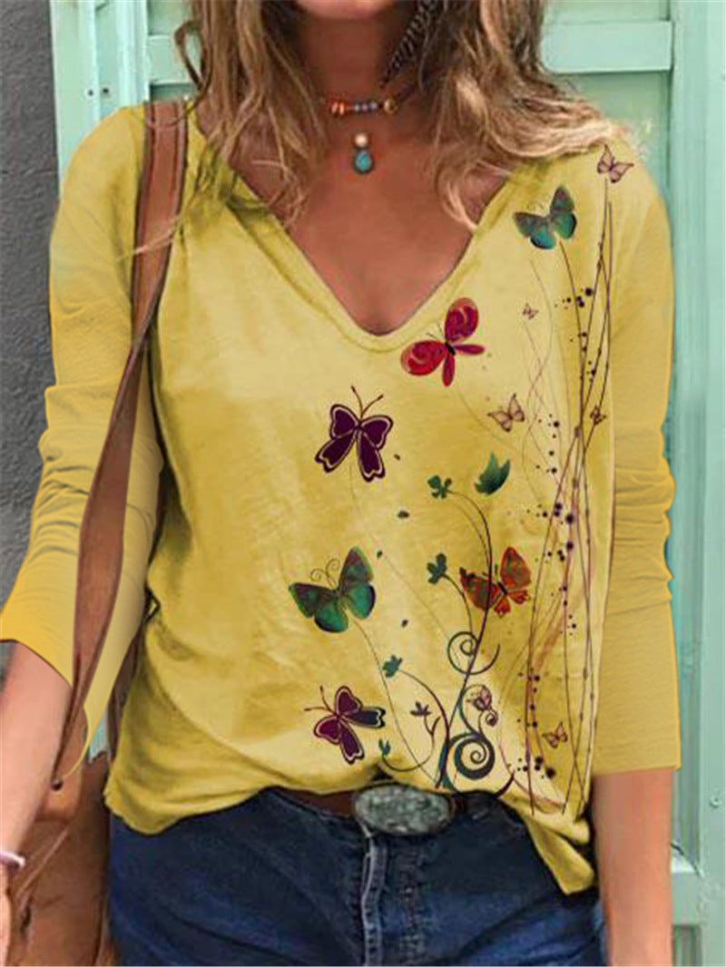 Butterfly Printed Long Sleeve V-neck T-shirt For Women