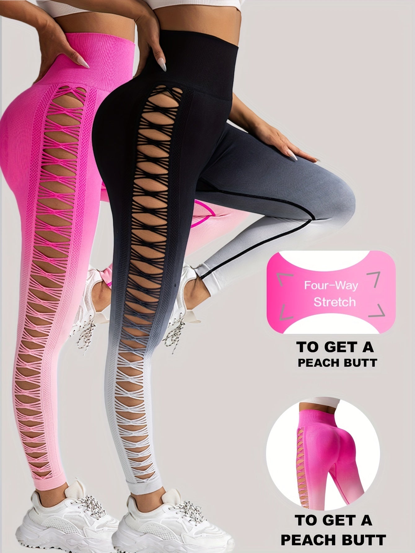 2 Pack Cut Out Ombre Gradient Color Hollow High-waist Butt-lifting Fitness Women's Yoga Pants, Women's High Waist Yoga Pants Cutout Ripped Super Soft And Comfortable Skinny