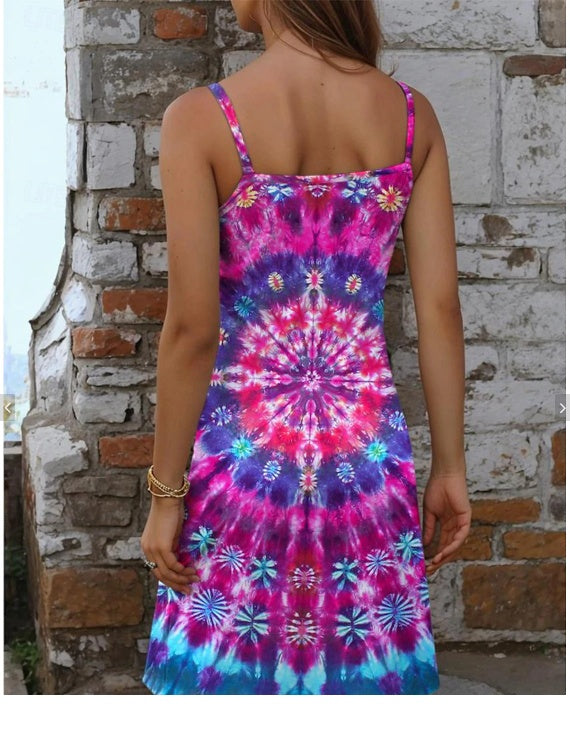 Women's Cami Dress Tie Dye Print Strap Mini Dress Hawaiian Boho Hippie Vacation Sleeveless Summer