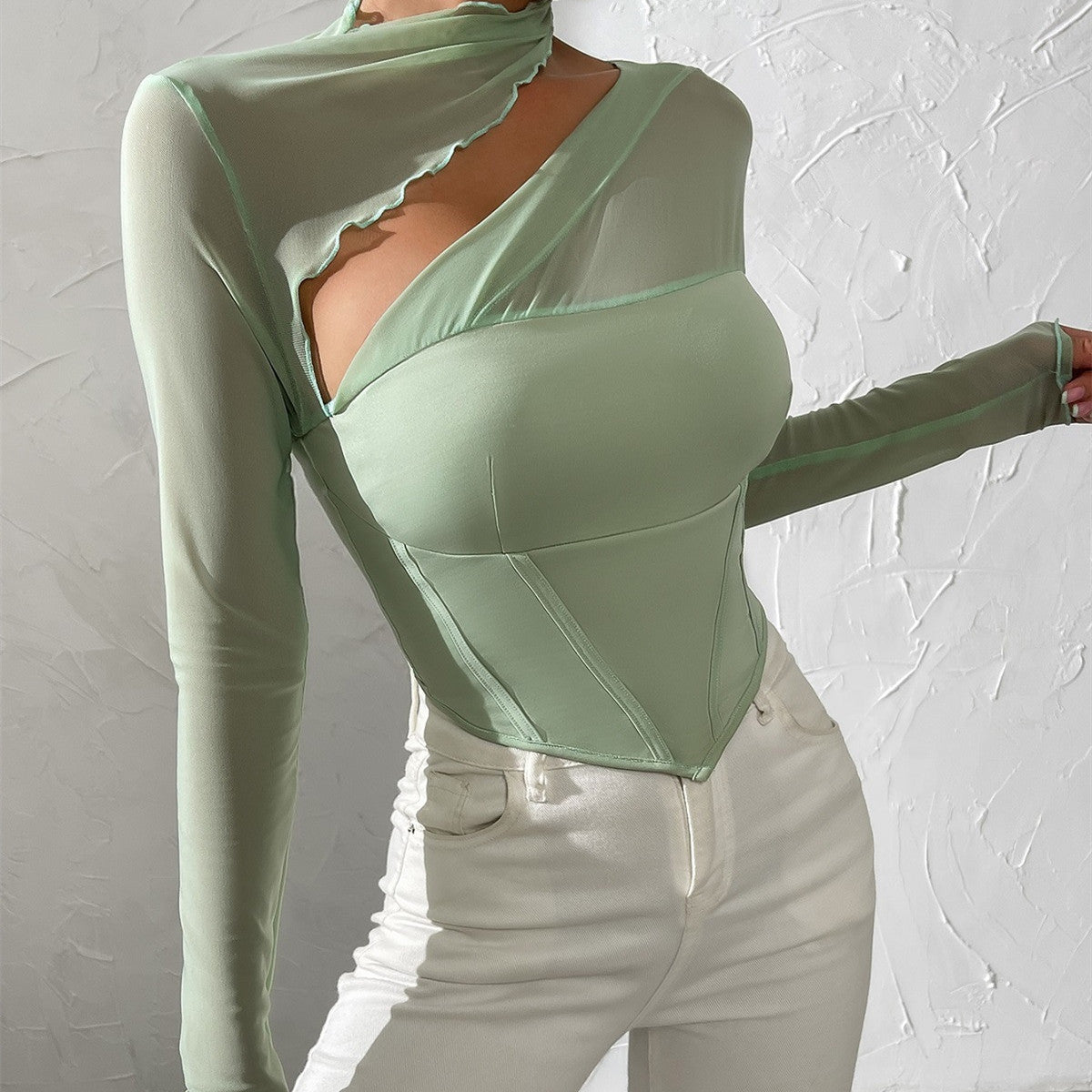 Europe And America's New Slim Fitting T-shirt Women's Mesh Splicing Hollow