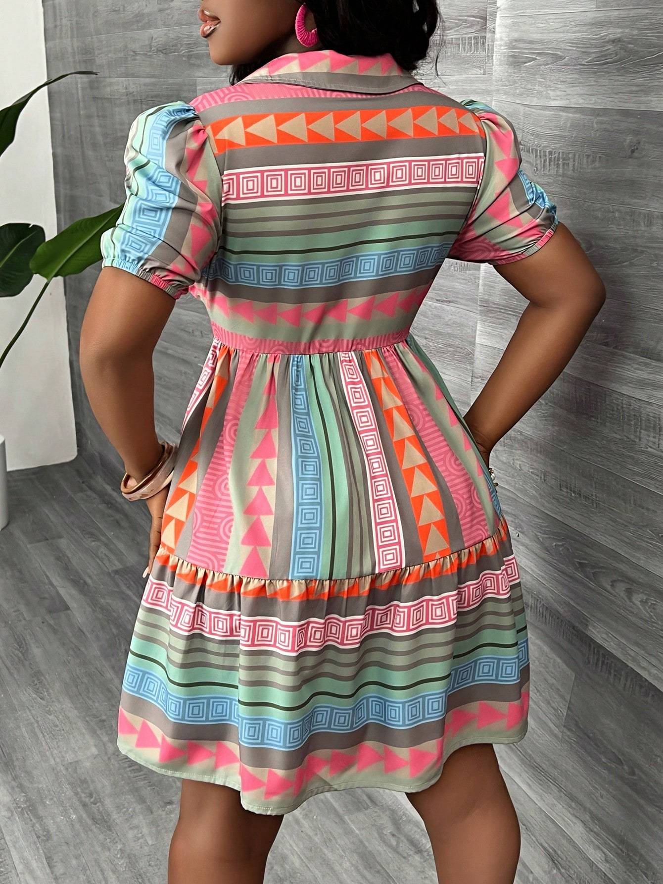 New Summer Floral Print Vacation Puff Sleeve Open Front Tiered Loose Dress