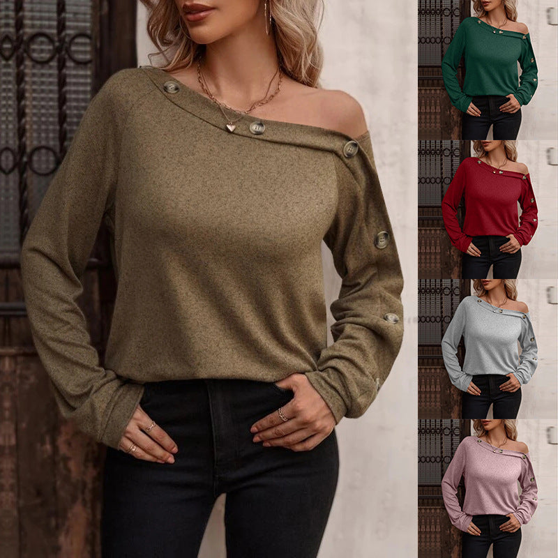 European And American New Women's Fashion Button Off Shoulder Top