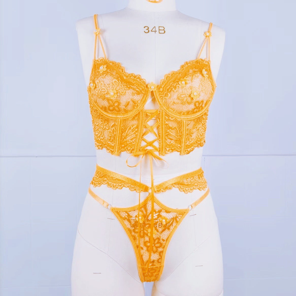Women's Lace-up Steel Bracket Lace Bra Set